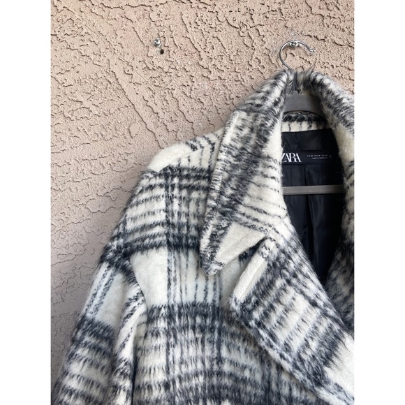 ZARA Black & White Plaid Brushed Wool Oversized Long Wool Coat - Picture 9 of 14